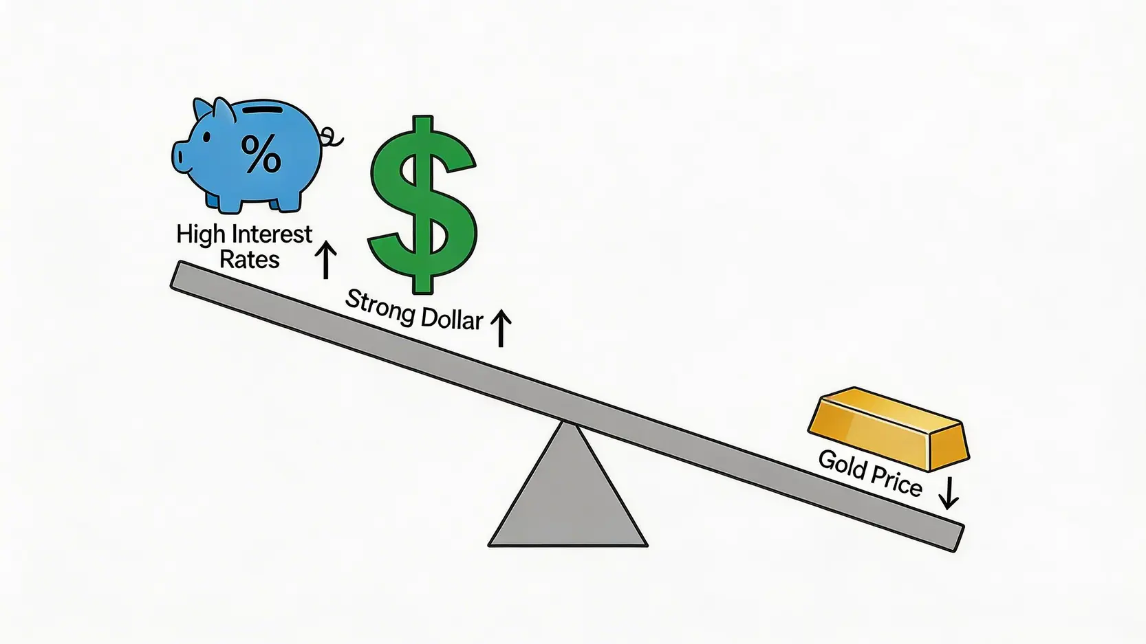 宏觀經濟因素對金價影響的示意圖,顯示高利率與強勢美元對黃金構成壓力。