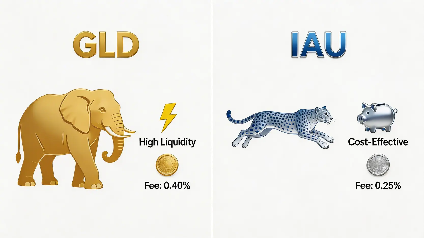黃金ETF GLD與IAU的關鍵特性對比圖,比較其規模、流動性與管理費用。
