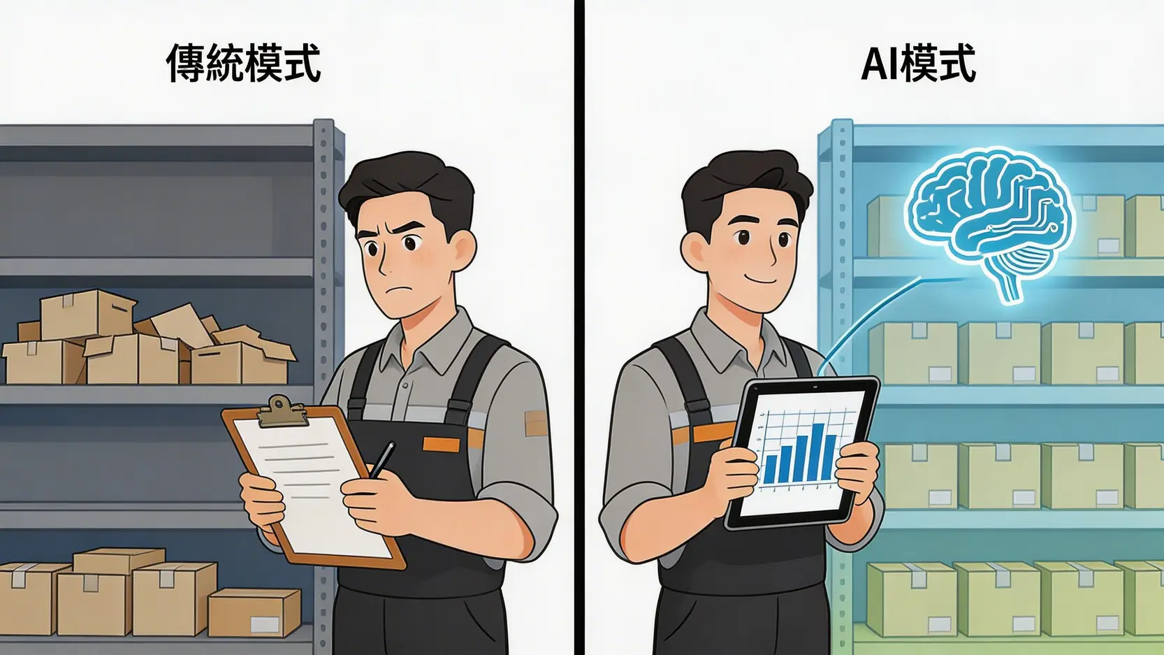 AI智能庫存管理與傳統模式的對比圖,展示了AI如何通過數據預測優化庫存。