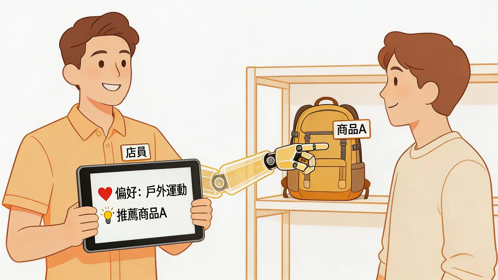 AI銷售助理賦能前線員工的場景圖,銷售員利用平板電腦中的AI洞察為顧客提供個人化推薦。