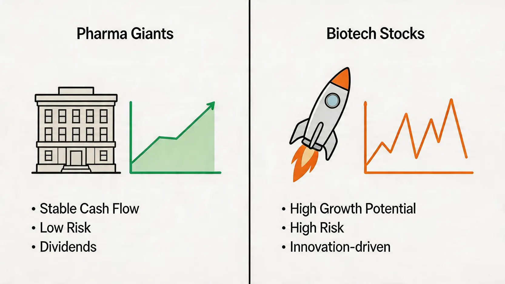 傳統醫藥龍頭股與生物科技股的風險與回報對比圖。